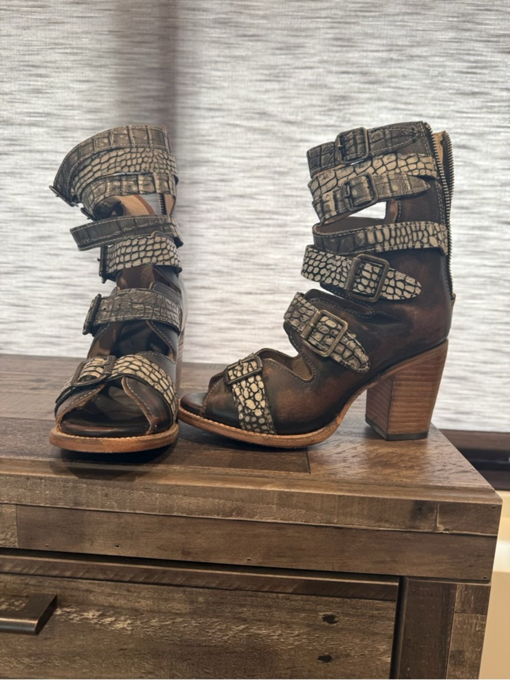 freebird Brown Leather Strappy Heeled Sandals with Croc-Embossed Accents